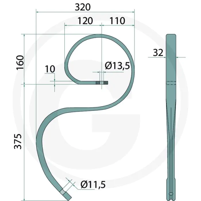 Cultivatortand versterkt, compleet met schaar - afmetingen: 32 x 12 mm