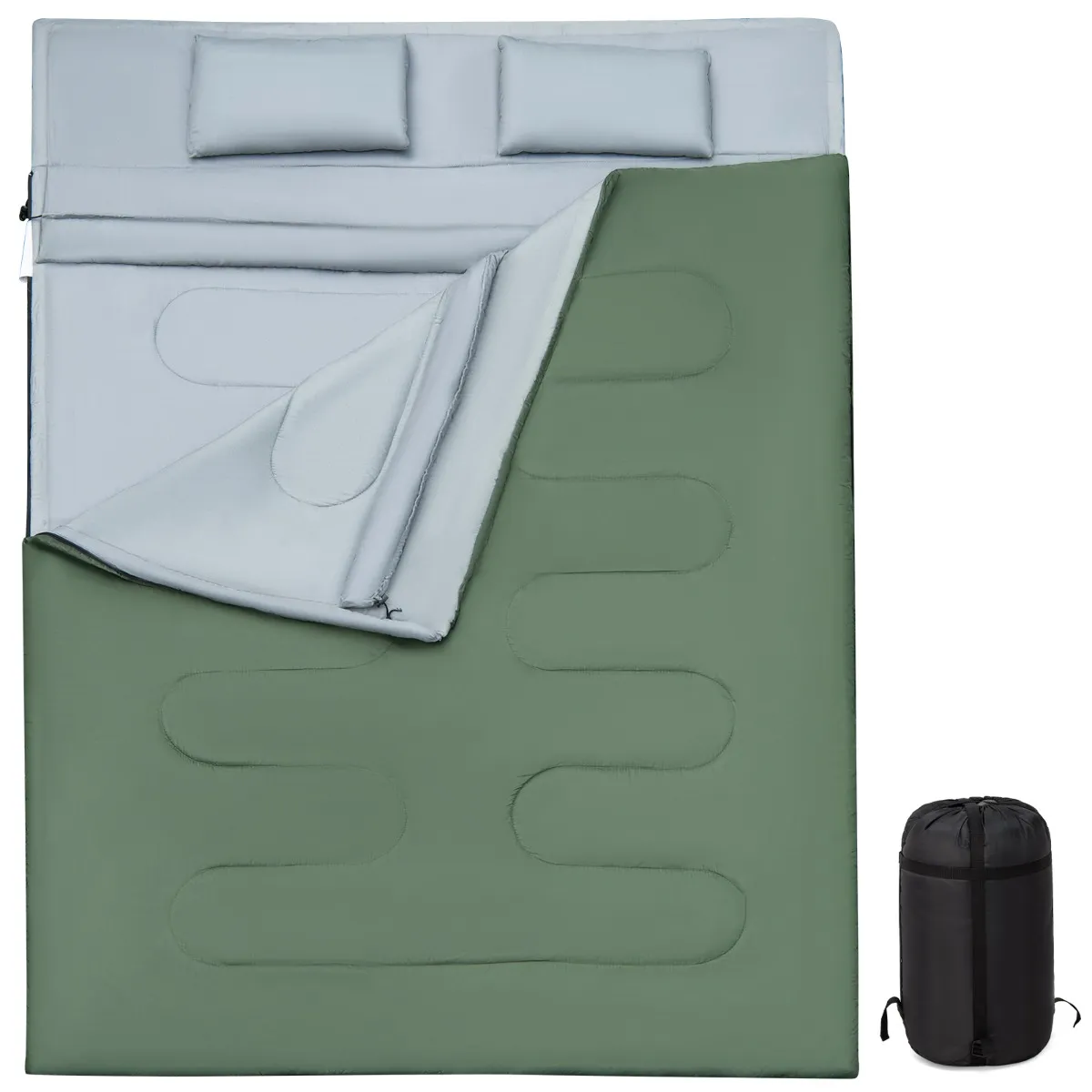 Dubbele Slaapzak 2 Persoons Waterdichte Slaapzak met 2 Kussens en Draagtas voor Kamperen en Reizen 220×150 cm-Groen