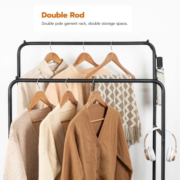 Kledingrek, rollend kledingrek met plank, zware dubbele staven kledingrek op wielen, hangrek voor kleding, schoenen, opslagdispl