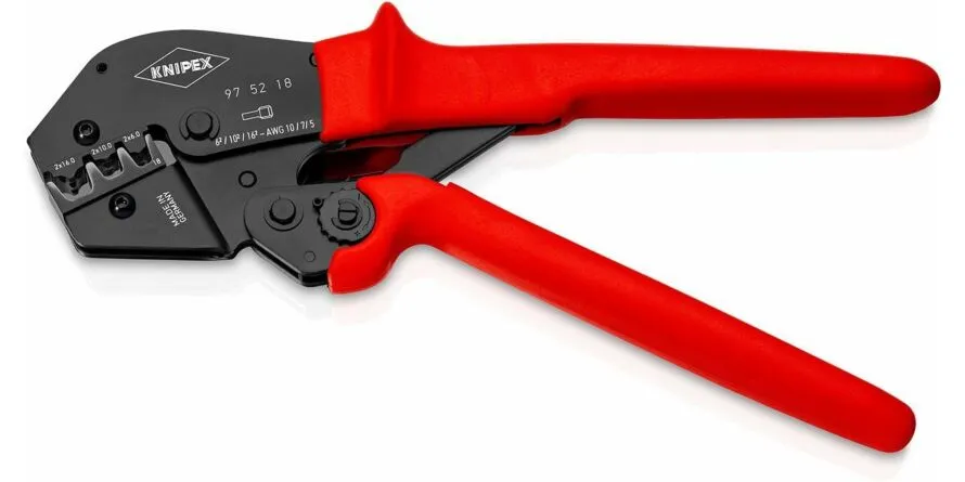 Krimptang, ook voor tweehandbediening, gepolijst, voor dubbele adereindhulzen, 250 mm.