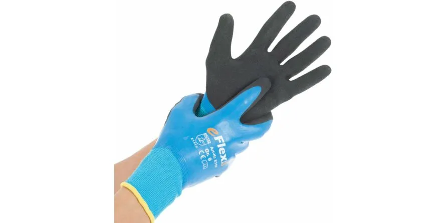 Nylon fijngebreide handschoen ERGOFLEX DOUBLE DIPPED dubbele nitril coating blauw-zwart, maat S