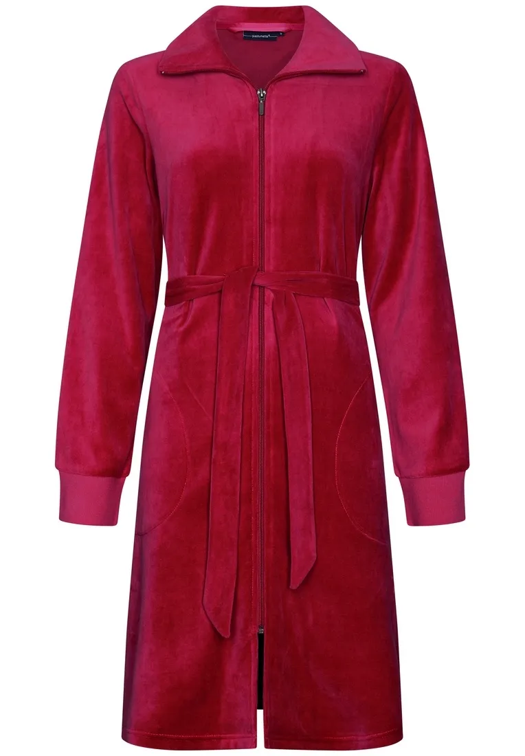 Pastunette luxe, rood velours, dames ochtendjas met ritssluiting 'red beauty'