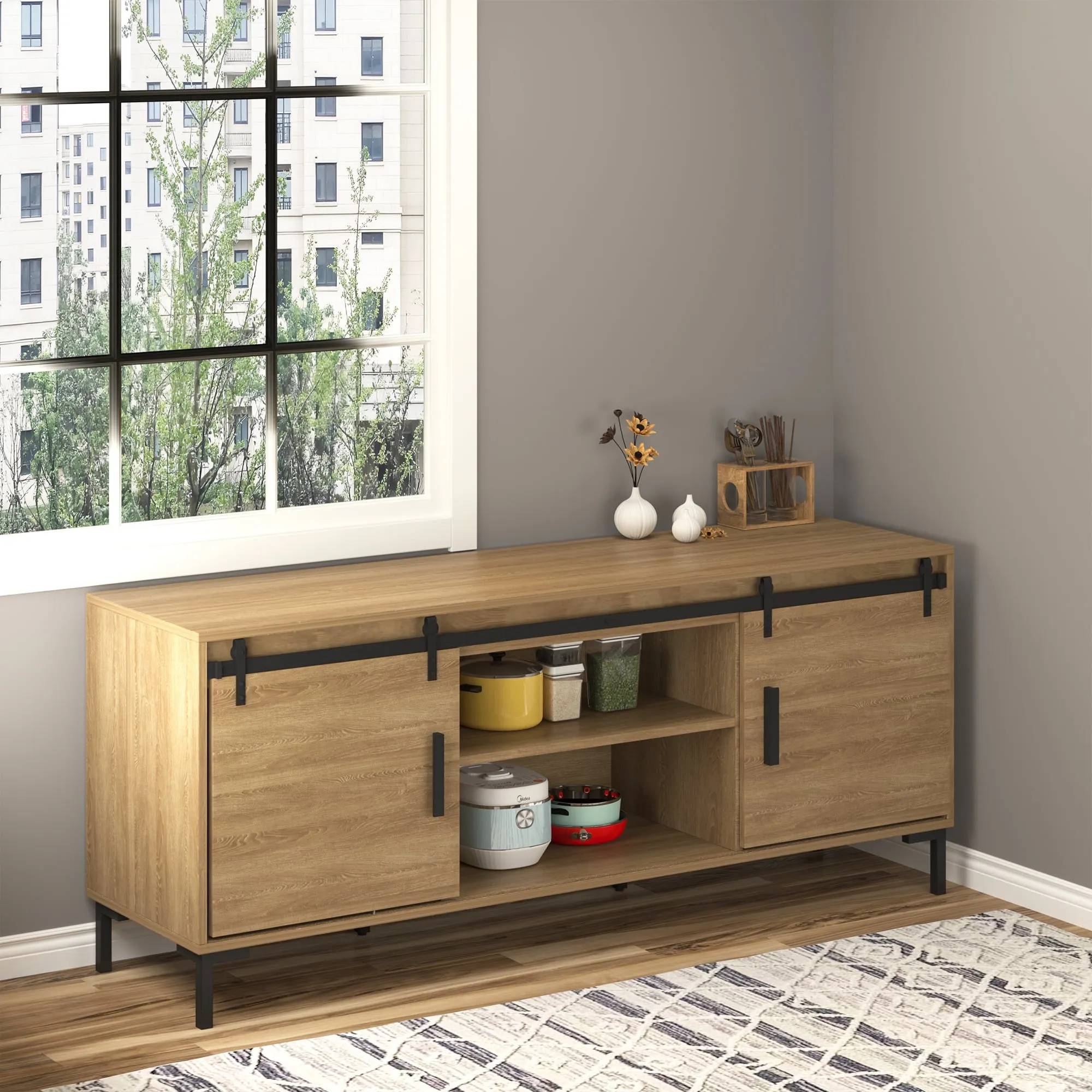 Schuifdeur Systeem loopt rail schuifdeur fitting voor dubbele houten deuren accessoires koolstofstaal zwart 183 x 0,6 x 18 cm
