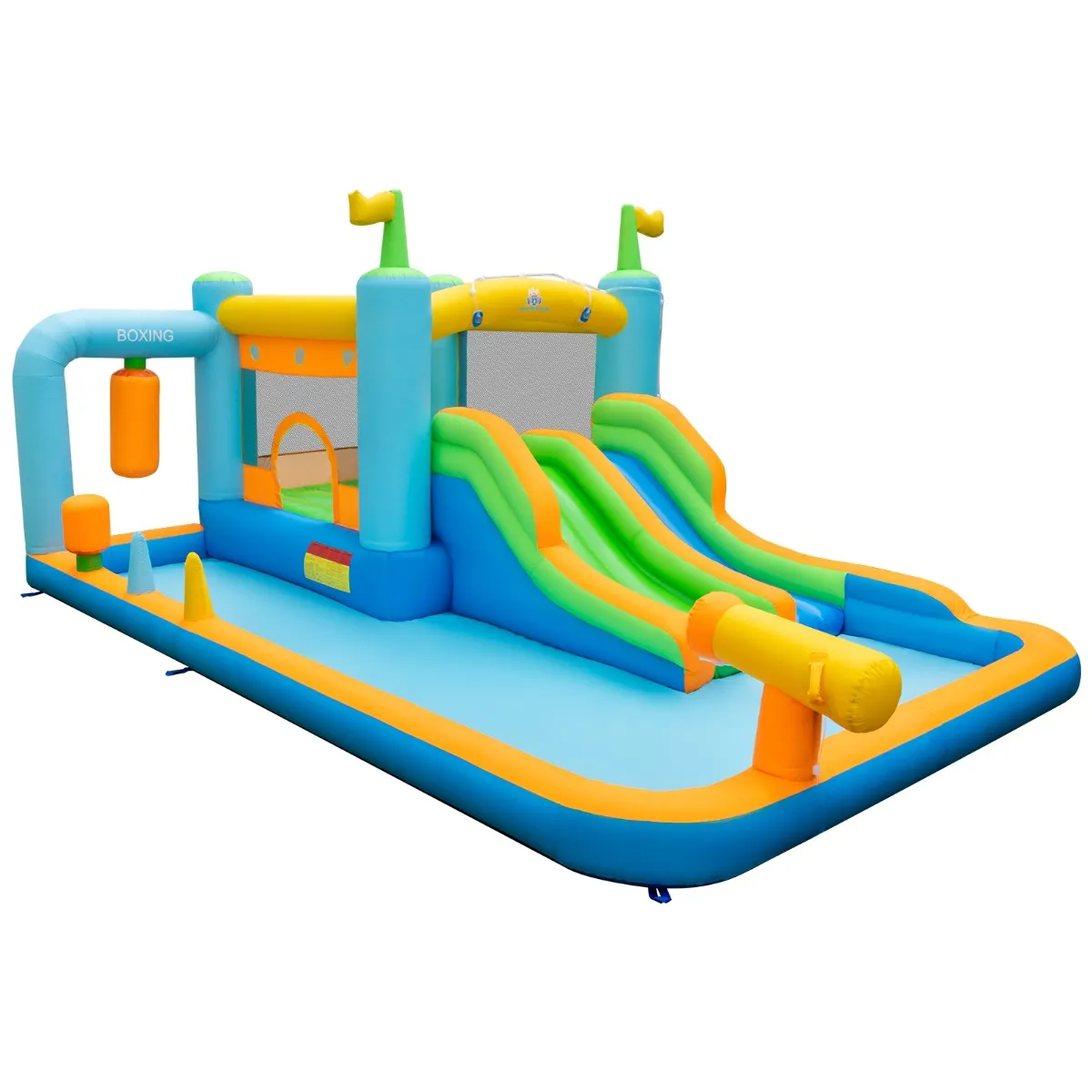 Springkasteel met Dubbele Glijbanen Springzone Kinderbadje Waterkanon Basketbalkorf en Bokszandzak voor Kinderen 503 x 348 x 228